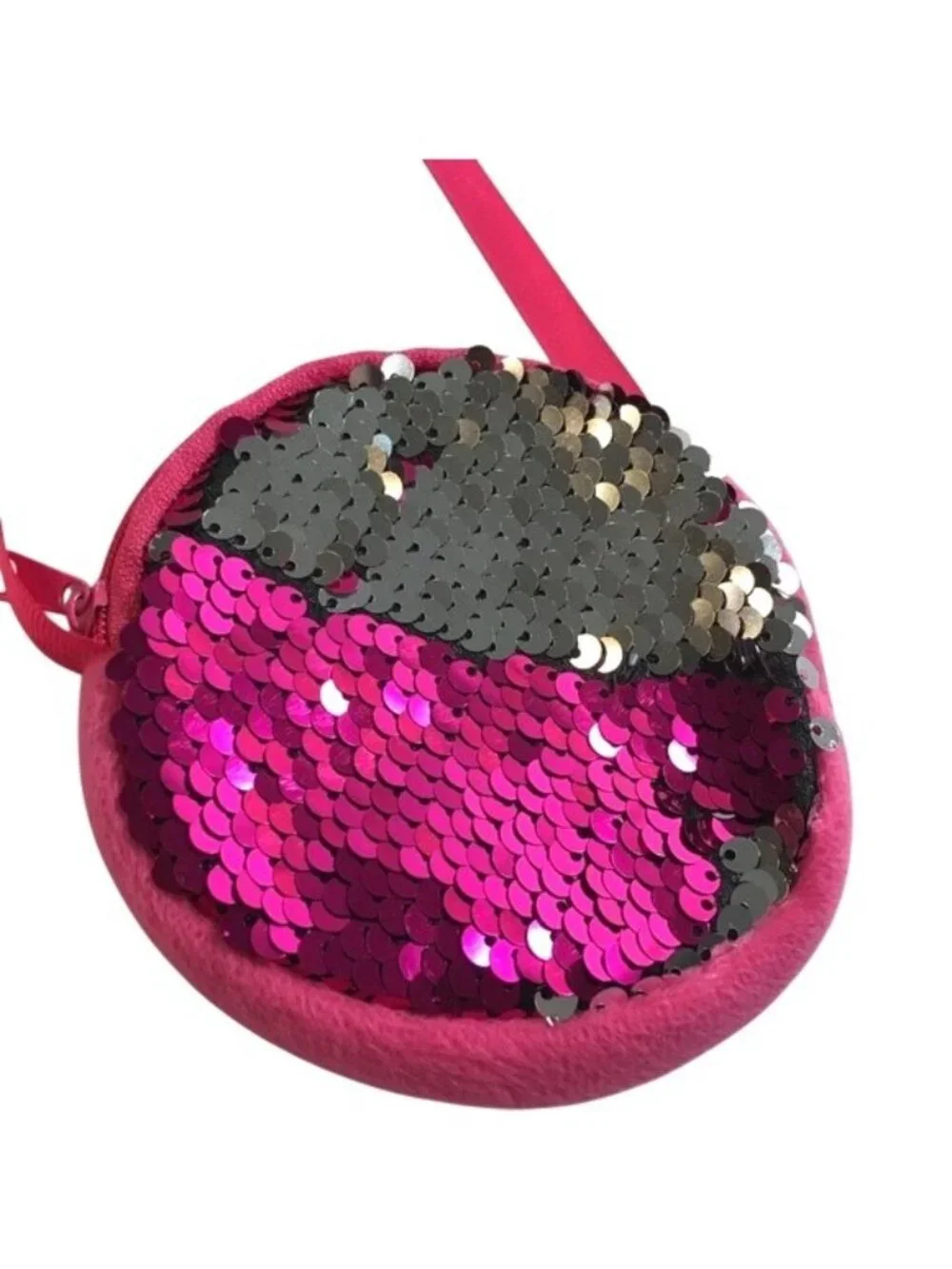 Girls Small Zip Purse/Bag Sequined Pink/Silver 4 x 4 Round Ribbon Strap 18.5 “